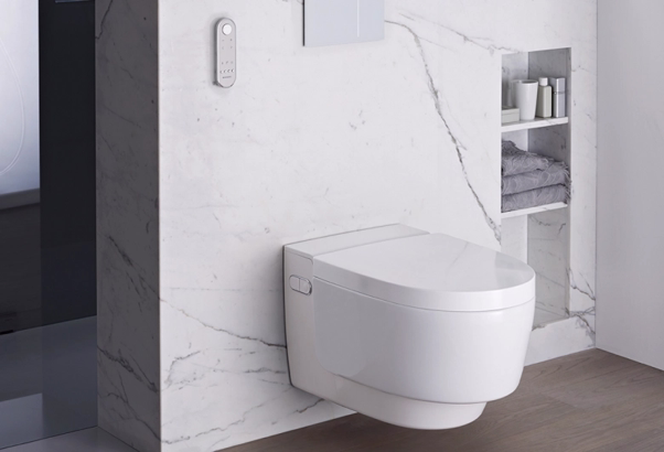 wit toilet met marmeren achtergrond