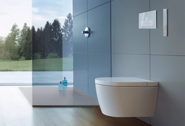 wit toilet met uitzicht door privacyscherm naar buiten